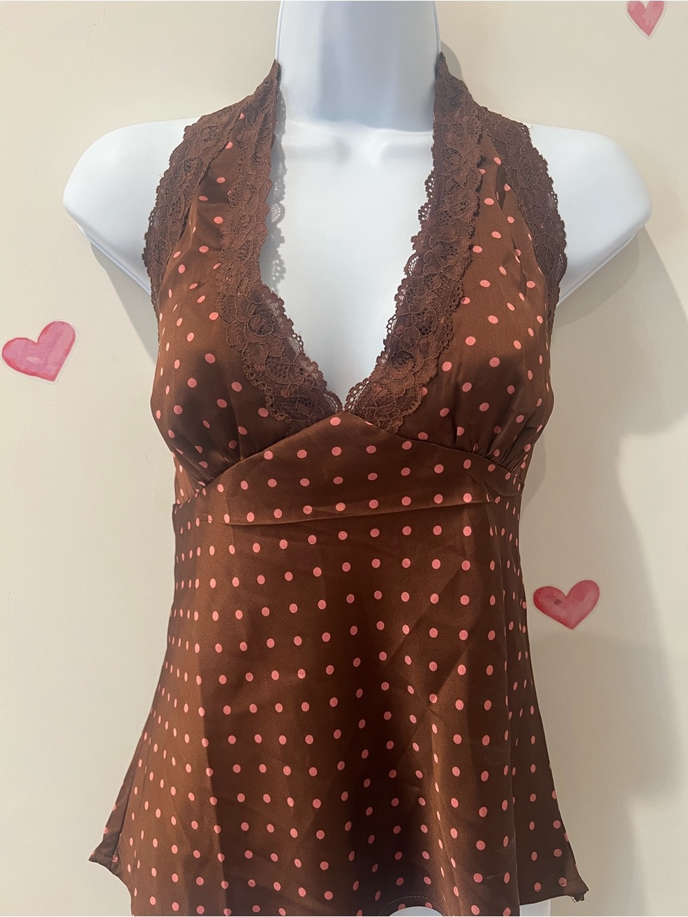 Sans Souci Brown Satin Polka Dot Lace Halter Chemise